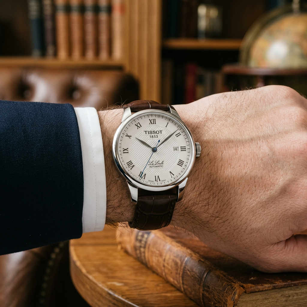 Tissot Le Locle automatic watch with Roman numerals on a leather strap worn on wrist